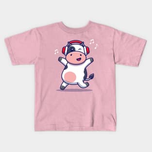 Cute Cow Listening Music With Headphone Kids T-Shirt